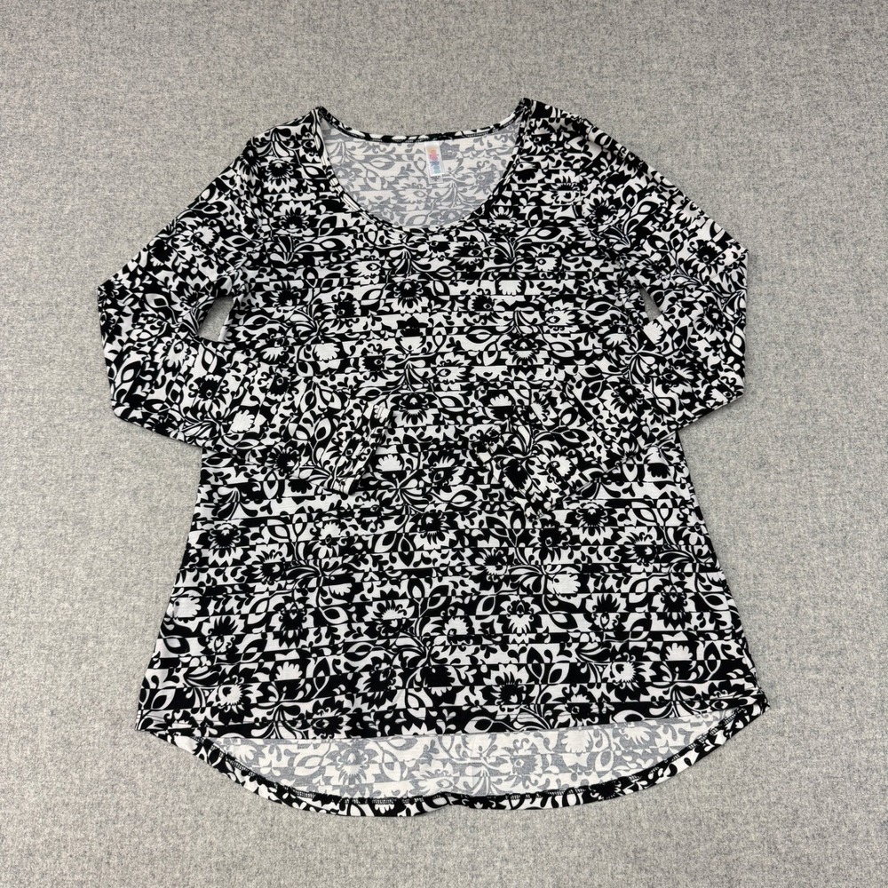 LuLaRoe Tunic Top Size M Black White Floral Striped Long Sleeve High Low Hem